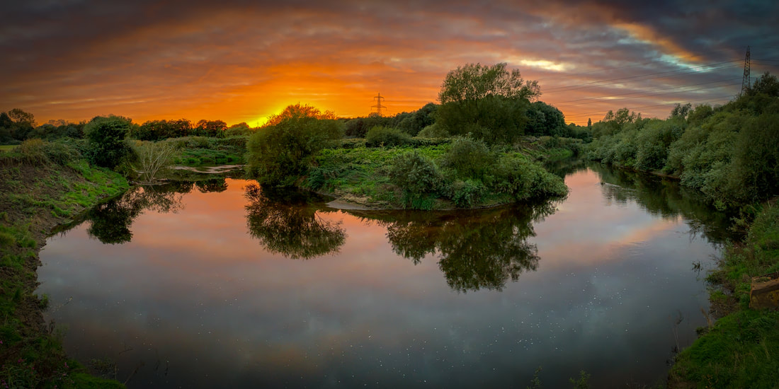Panorama of the Horseshoe Bend in Urmston Meadows at Sunset, Greater Manchester, England, United Kingdom